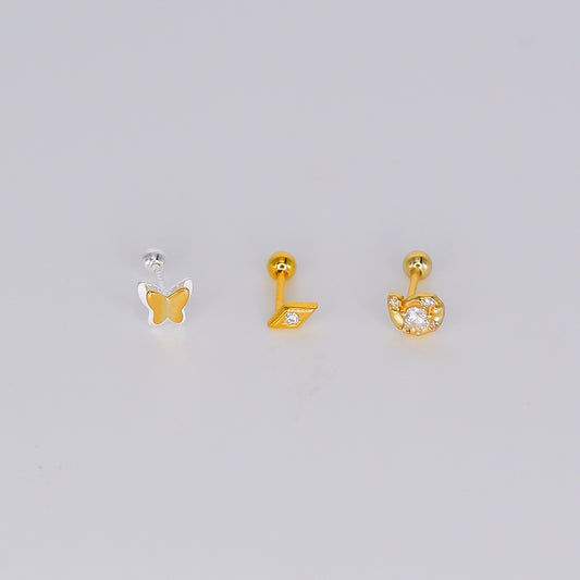 Piercings Bolinha Dourados #43 Borboleta Bicolor, Losango e Caracol