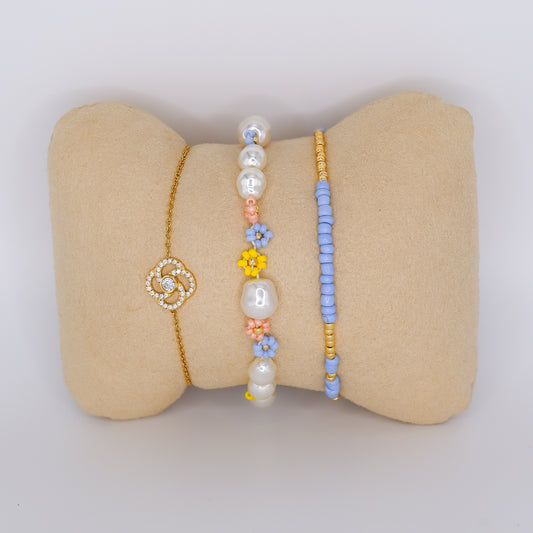 Pulseira Aço Inoxidável Flor Brilhante, Pérolas e Miçangas Azuis