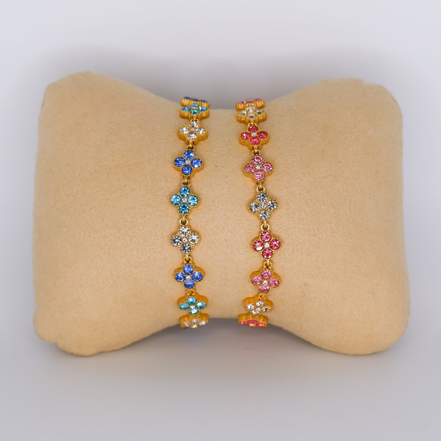 Pulseira Aço Inoxidável Flores 4 Pétalas Azul e Rosa