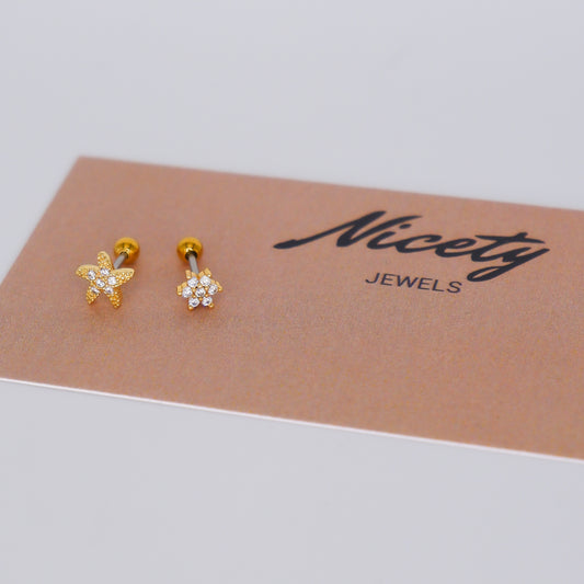 Piercing Bolinha Aço Inoxidável Estrela e Flor
