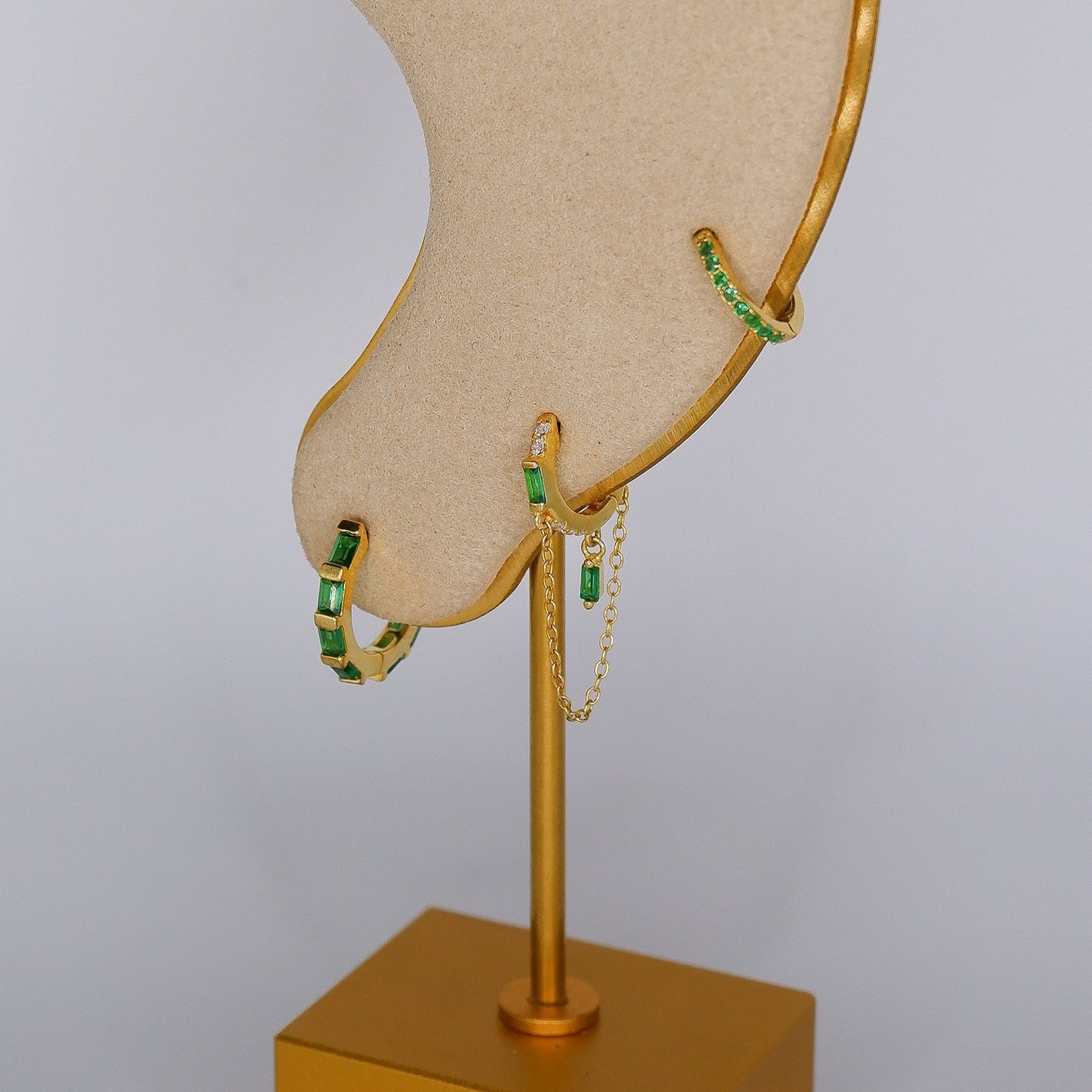 Argola S925 Verde Rectângulos e Corrente c/ Brilhantes