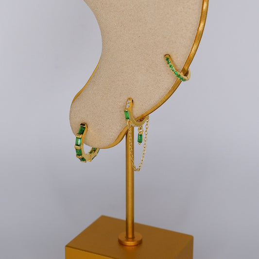 Argola S925 Verde Rectângulos e Corrente c/ Brilhantes