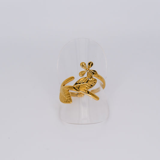 Anel Ajustável Dourado com Flor e Folha