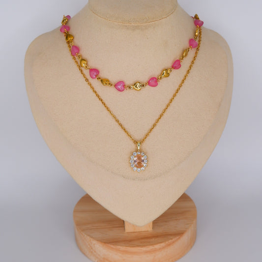 Colares Corações Rosa e Brilho Rosa Pendente