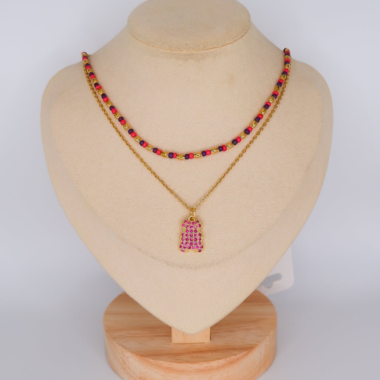 Colares Miçangas Multicolor e Urso Brilhante Rosa