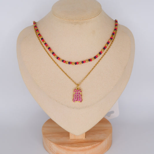 Colares Miçangas Multicolor e Urso Brilhante Rosa