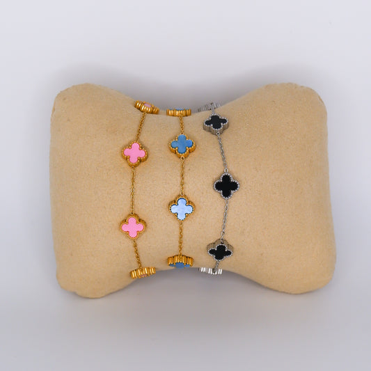 Pulseira Aço Inoxidável Trevos Rosa, Azul e Preto