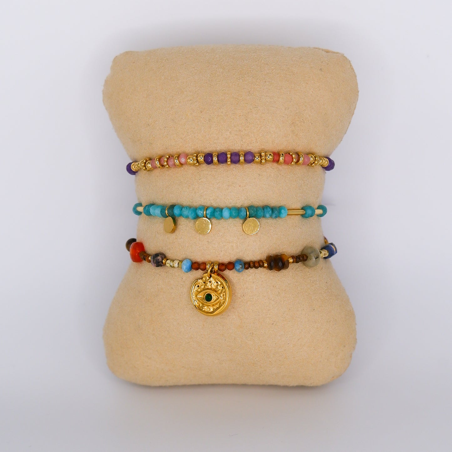 Pulseira Aço Inoxidável Miçangas coloridas, Azuis e Olho