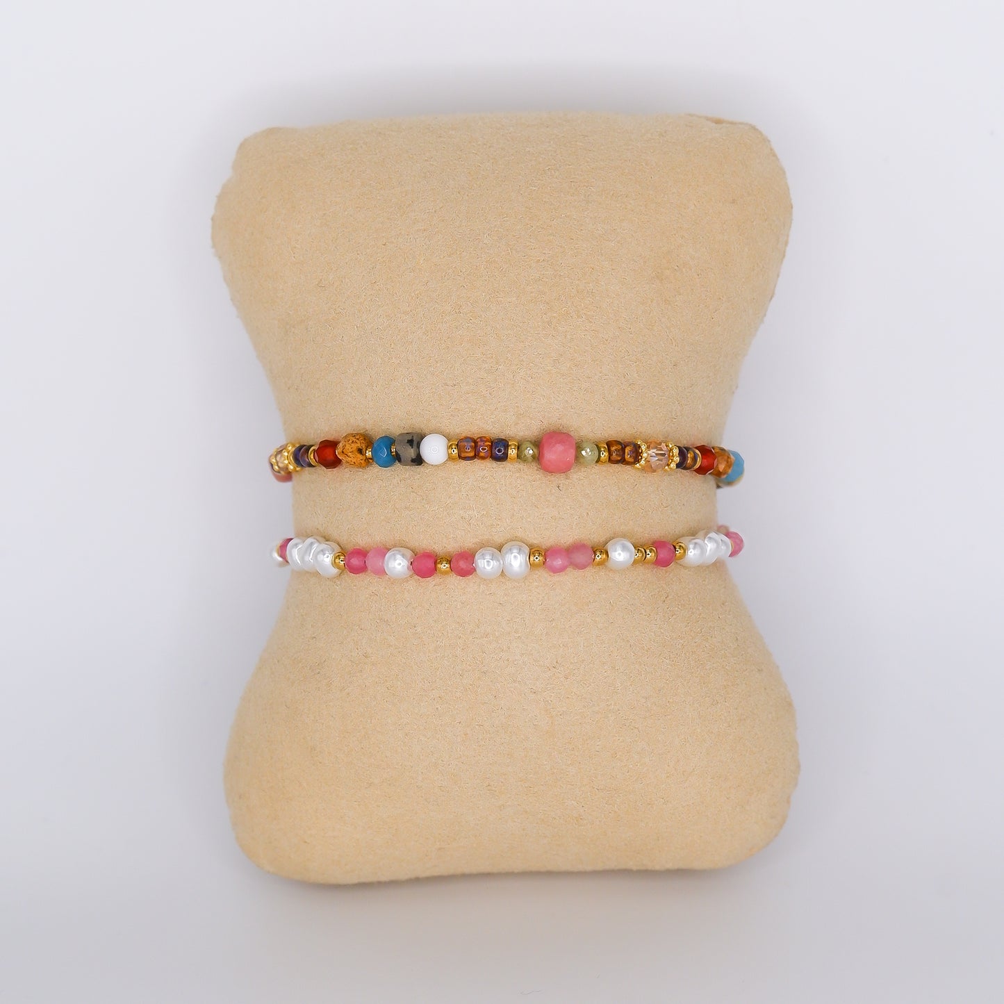 Pulseira Aço Inoxidável Miçangas Coloridas e Rosa