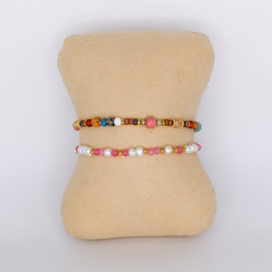 Pulseira Aço Inoxidável Miçangas Coloridas e Rosa