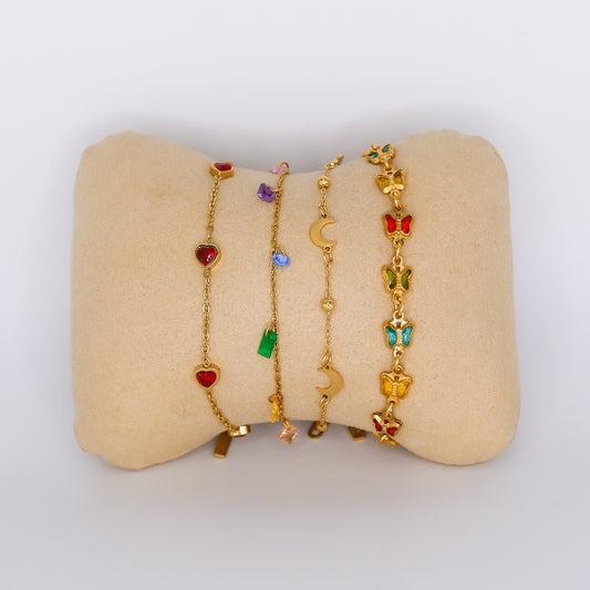 Pulseira Aço Inoxidável Coração, Pendentes Coloridos, Luas e Borboletas