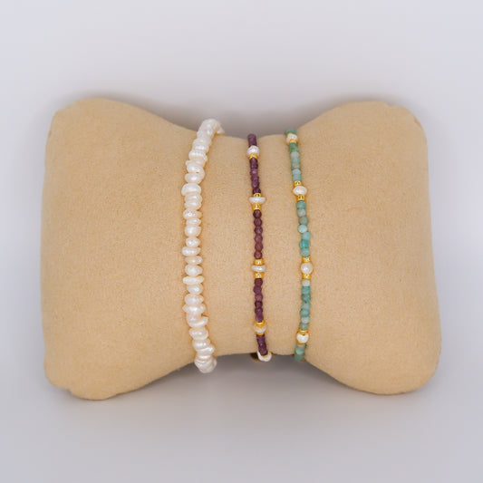 Pulseira Aço Inoxidável Pérolas, Pedras Roxas e Pedras Azuis