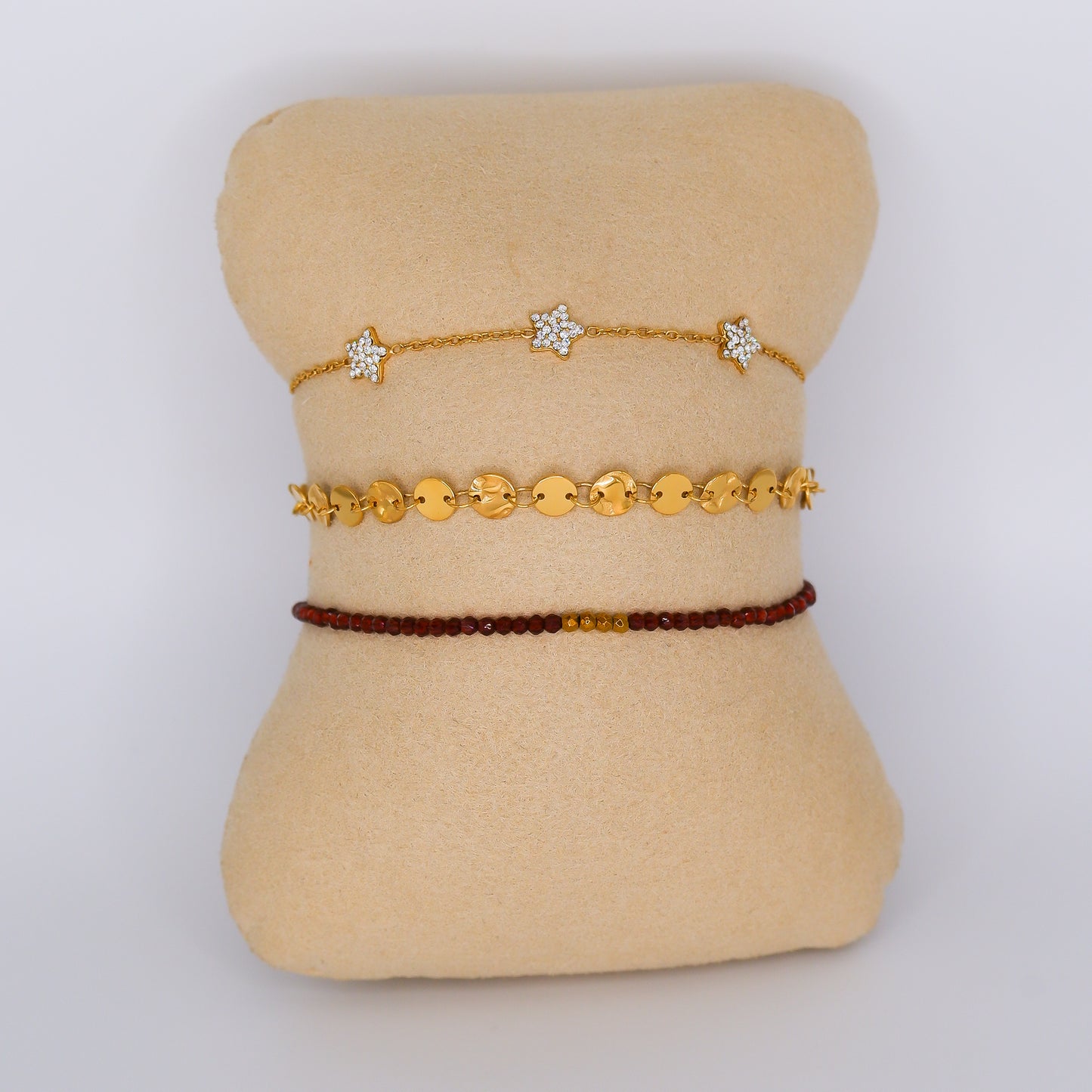 Pulseira Aço Inoxidável Estrelas, Círculos e Pedras Vermelhas