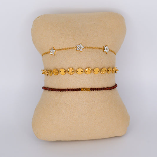 Pulseiras Aço Inoxidável Estrelas, Círculos e Pedras Vermelhas