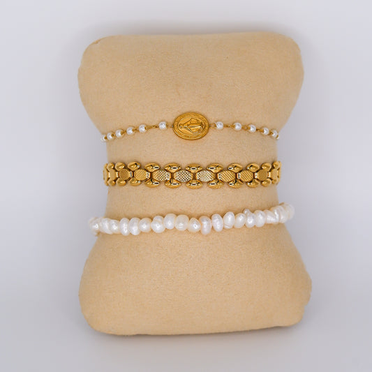 Pulseiras Aço Inoxidável Medalha, Corrente e Pérolas