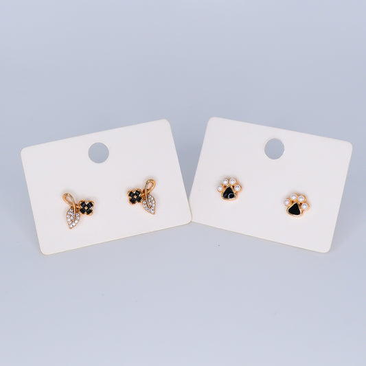 Brincos de Espeto Hipoalergénico Pata de Cão com Pérolas e Flor Preta