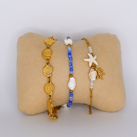 Pulseira Pé Conchas, Miçangas Azuis com Conchas e Estrela do Mar