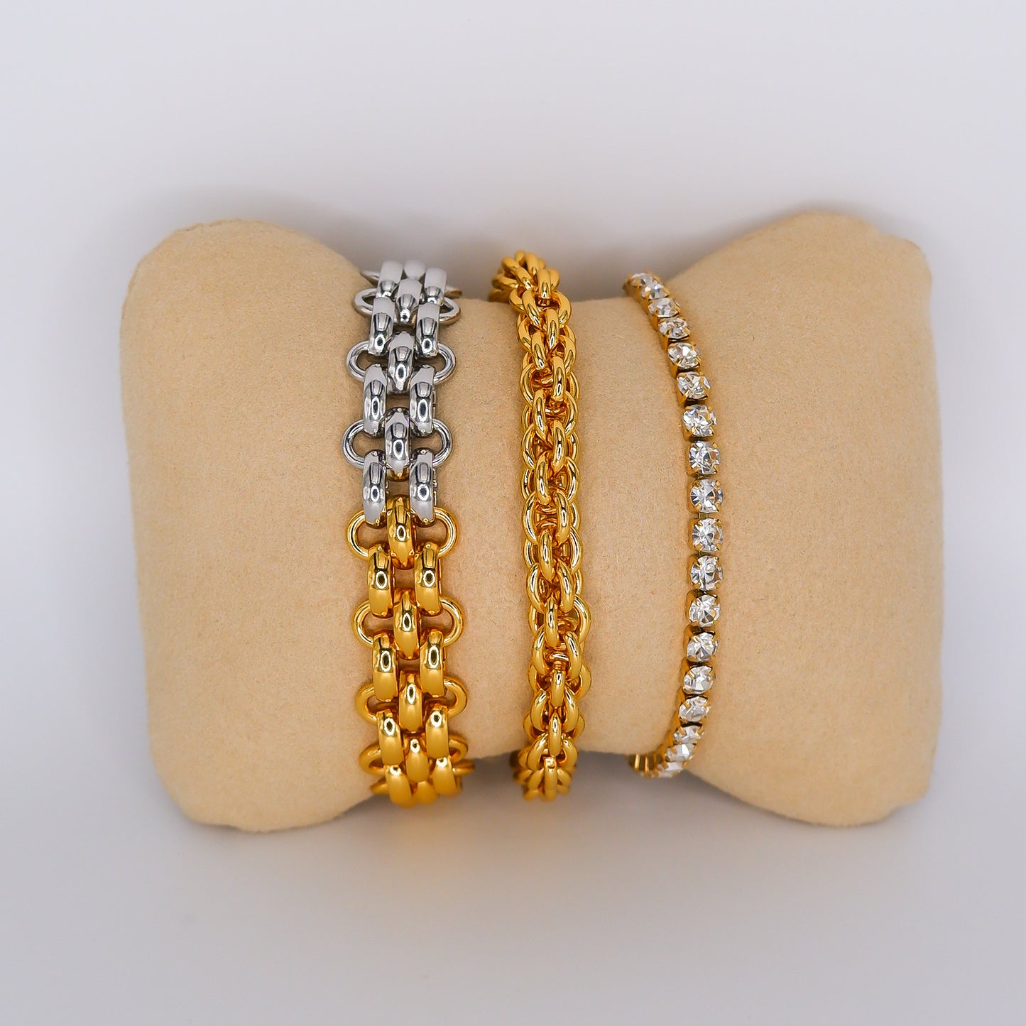 Pulseira Aço Inoxidável Bicolor, Malha Grossa e Brilhos