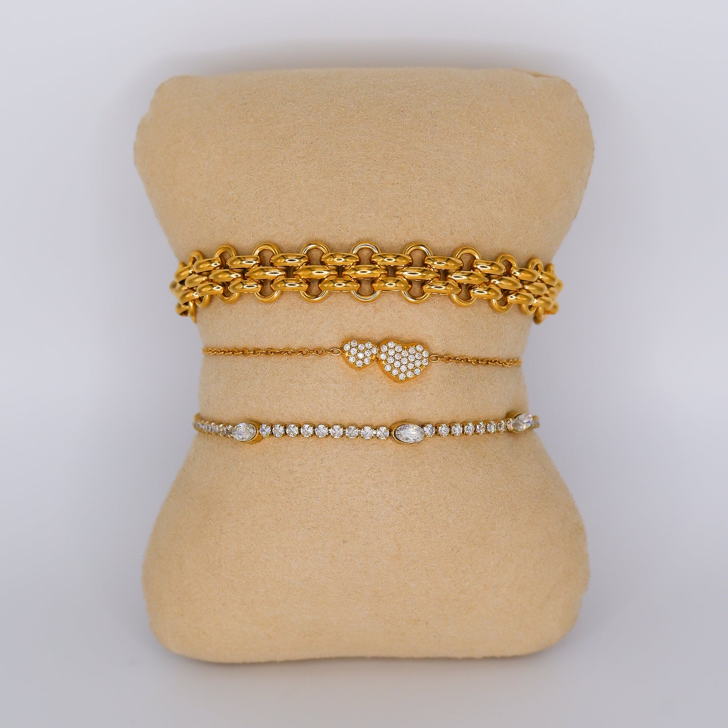 Pulseira Aço Inoxidável Malha, Corações e Brilhos