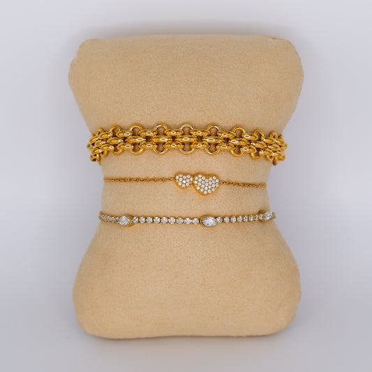 Pulseira Aço Inoxidável Malha, Corações e Brilhos