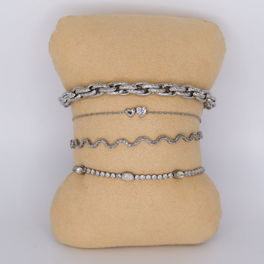 Pulseira Aço Inoxidável Malha Grossa, Corações, Onda e Brilho