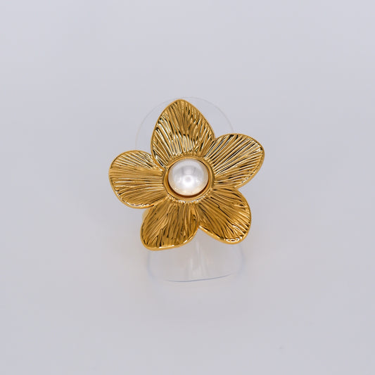 Anel Ajustável Flor Grande com Pérola