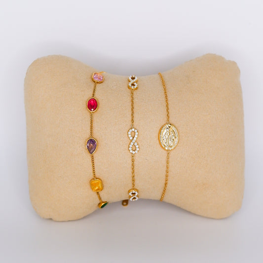 Pulseira Brilhos Coloridos, Infinito e Escapulário